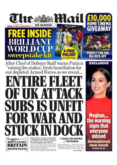 The Mail on Sunday's headline reads 'Entire fleet of US attack subs is unfit for war and stuck in dock'