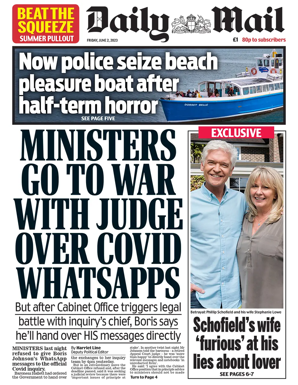 The headline in the Mail reads: "Ministers go to war with judge over Covid Whatsapps"