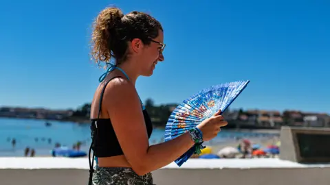 Woman with a fan at a beach