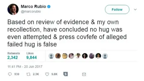 @marcorubio/Twitter Based on review of evidence & my own recollection, have concluded no hug was even attempted & press covfefe of alleged failed hug is false