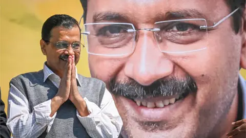 Getty Images Delhi Chief Minister Arvind Kejriwal, during the launch of their election campaign for upcoming Lok Sabha Elections, at AAP Party Headquarters on March 8, 2024 in New Delhi, India