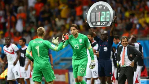 Michael Steele Dutch goalkeeper Tim Krul is brought on to face Costa Rica just before the quarter-final penalty shoot-out takes place in 2014