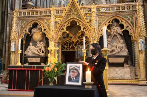 PA Media A tribute to Duke of Edinburgh is displayed alongside the nave at Westminster Abbey in London.