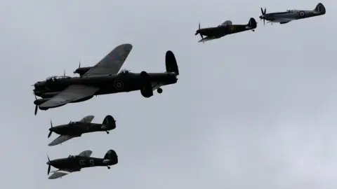 Reuters Aircraft from the Battle of Britain Memorial Flight are flown in an air display to mark the Flight's 60th Anniversary at RAF Coningsby