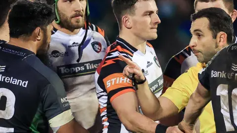 Referee Mathieu Raynal points at Bundee Aki after the Connacht player confronted him after the final whistle in Galway