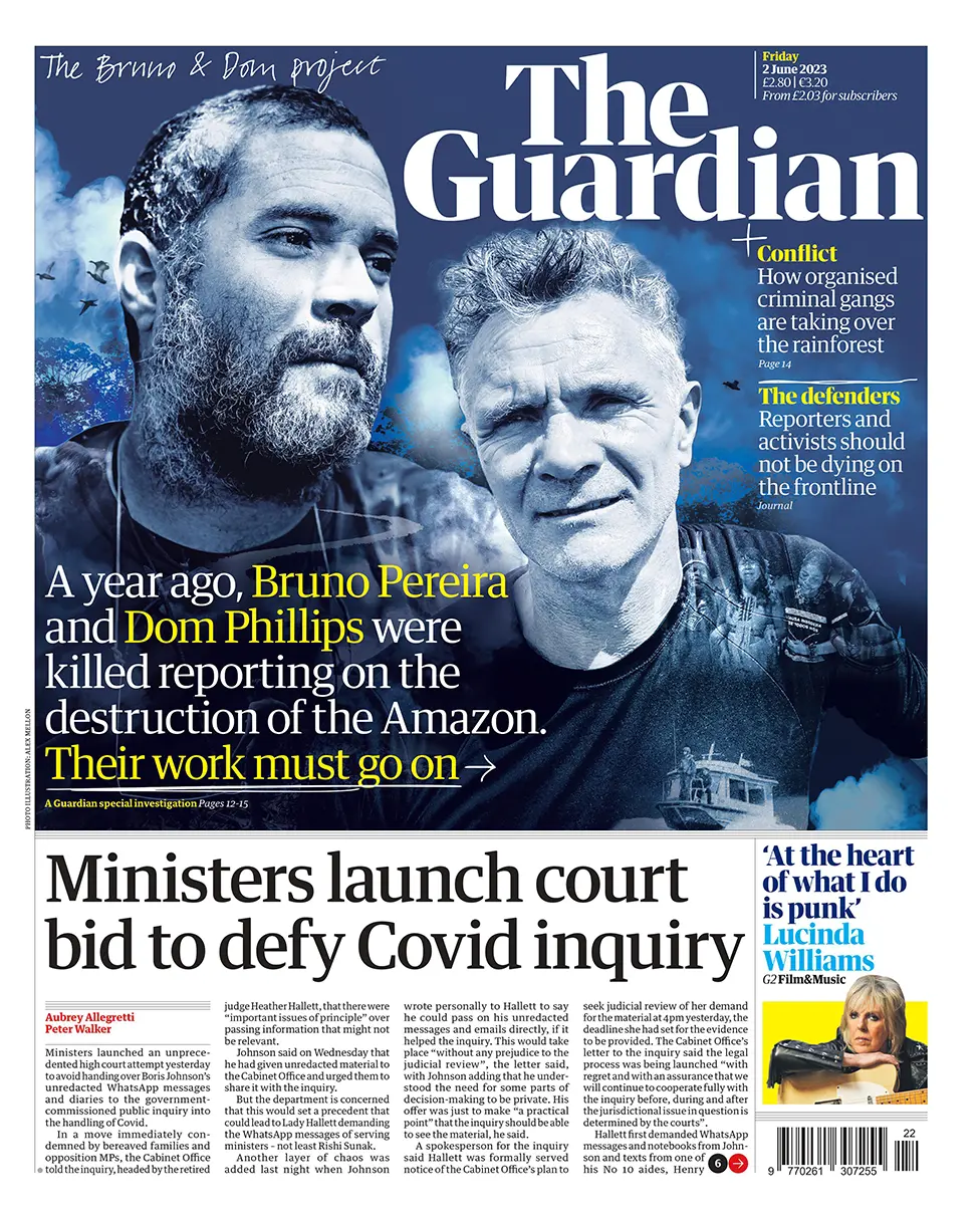 The headline in the Guardian reads: "Ministers launch court bid to defy Covid inquiry"