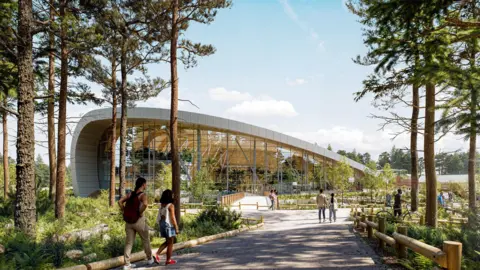 Center Parcs A computer generated view of the Borders Center Parcs with a swimming pool building, pathways through the trees and visitors milling about.
