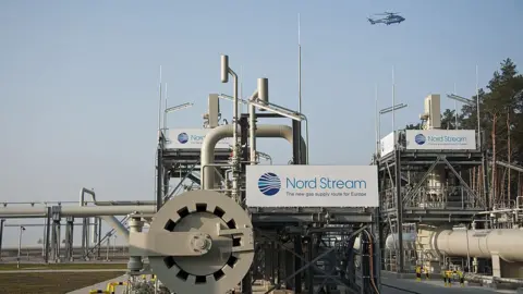 AFP A helicopter flies over the Nordstream gas pipeline terminal prior to an inaugural ceremony for the first of Nord Stream's twin 1,224 kilometre gas pipeline through the Baltic Sea, in Lubmin November 8, 2011.