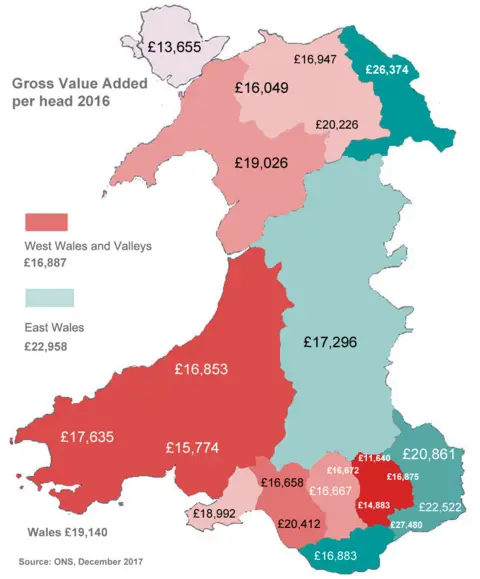 This map shows the GVA per head in different parts of Wales