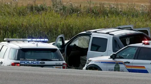 Getty Images The scene of Myles Sanderson's capture in Rosthern, Saskatchewan