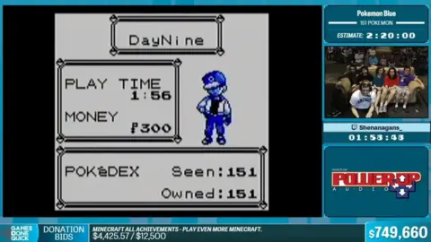 Games Done Quick/YouTube A screenshot from a Games Done Quick stream. The game is Pokémon Blue on the completion screen, showing the in-game time to read 1:56, with all 151 Pokémon caught. On the right side of the screen is Shenanagans, a young gamer, and behind him a couch of people watching for commentary. Behind them is a larger audience.