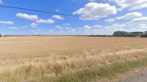 Street view of a large field with some trees in the distance, the landscape is flat