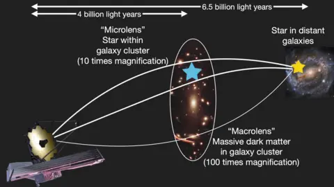 Yoshinobu Fudamoto An infographic explaining how gravitational lensing works. It shows a picture of the James Webb Space Telescope on the left, receiving light from a star in a distance galaxy. The light passes through a macrolens - massive dark matter in a galaxy cluster - which causes 100 times magnifications. It then passes through a microlens, which is a star within a galaxy cluster that can cause 10 times magnification.