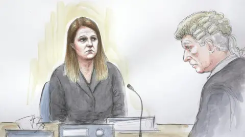 Helen Tipper/BBC Court drawing showing Lucy Letby giving evidence at Manchester Crown Court