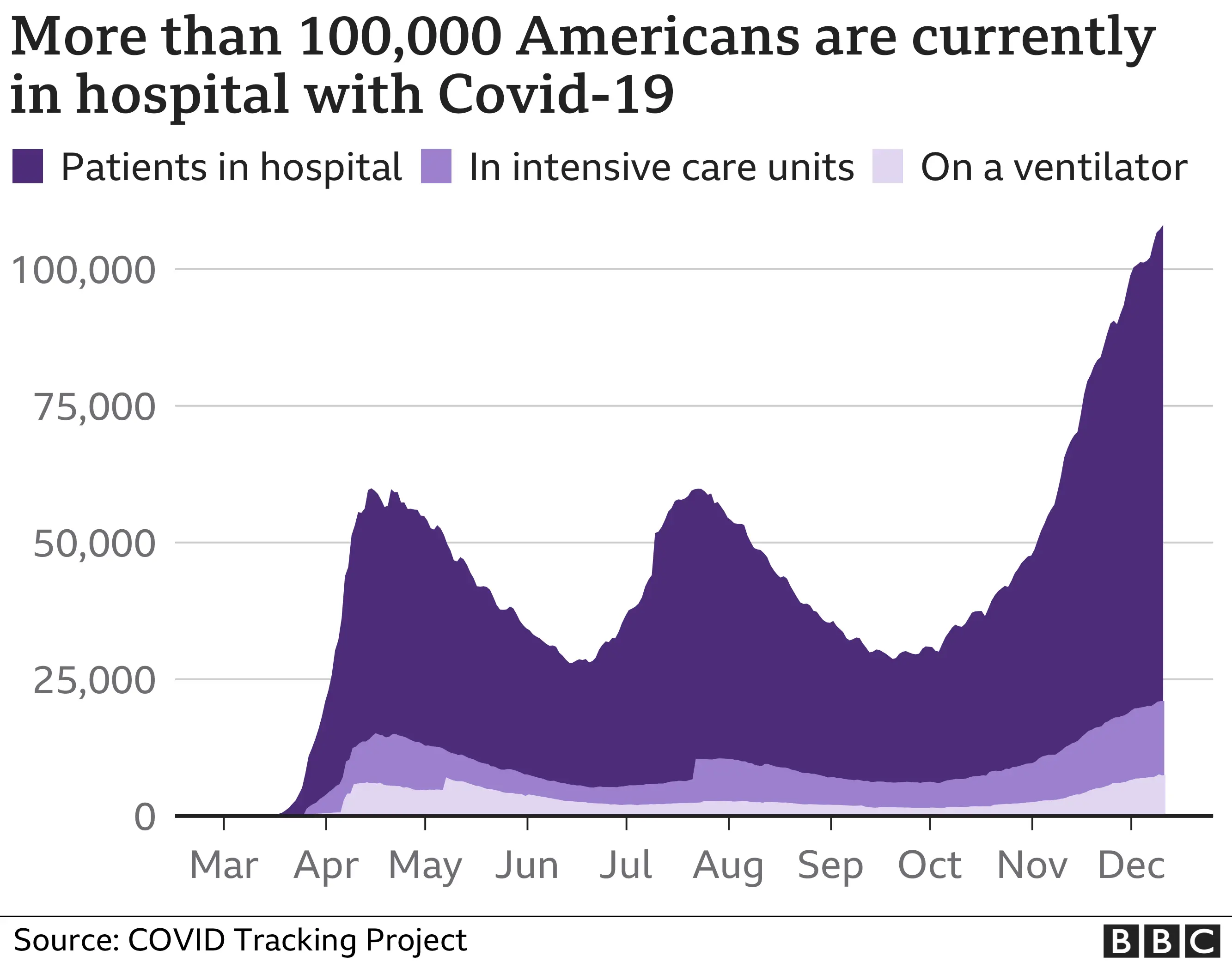 Chart showing the number of Covid-19 patients in US hospitals since the start of the pandemic