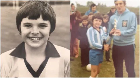 Family picture Gary Speed portrait in black and white in Deeside Primary Schools football shirt, and then again in same kit in colour, being presented with a trophy