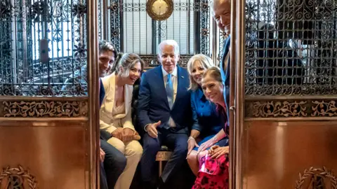 Alamy Joe Biden, along with wife Jill Biden, visit Mexico City in January 2023, seen in an elevator at the National Palace with Mexican President Andres Manuel Lopez Obrador, his wife Dr. Beatriz Gutiérrez Müller, Canadian Prime Minister Justin Trudeau and his wife Sophie Gregoire Trudeau