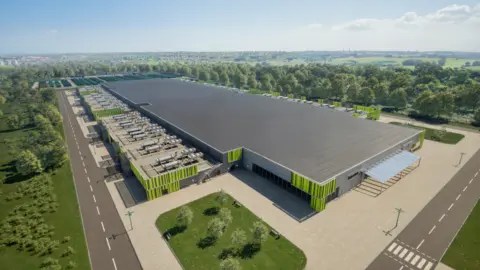 An artist's impression of the proposed new green AI energy centre in Ravenscraig - a large building with a grey roof and  green design on the walls. A car park is part of the site with entry roads around it. 