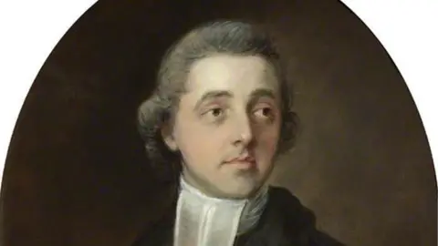 Old Thatched Cottage restaurant Painting of Willian Leeves, showing him looking into the distance with grey hair and in the dress of a vicar