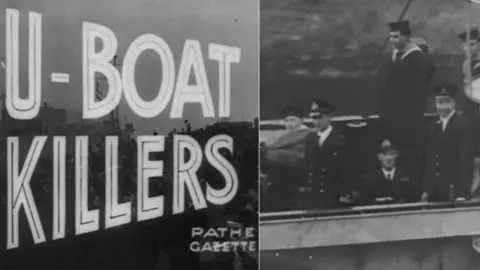British Pathe 'U-boat killers' title frame and Acting Stoker CP Marchant PO