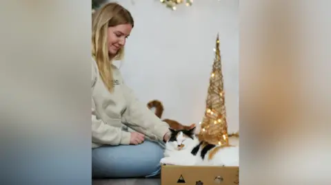 RSPCA Blonde woman kneels next a happy cat in a cardboard box.