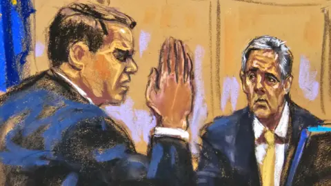 Sketch of Todd Blanche cross-examining Michael Cohen