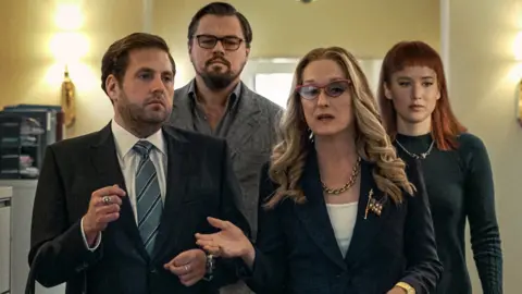 Netflix Don't Look Up stars an ensemble cast including (left to right) Jonah Hill, Leonardo DiCaprio, Meryl Streep and Jennifer Lawrence