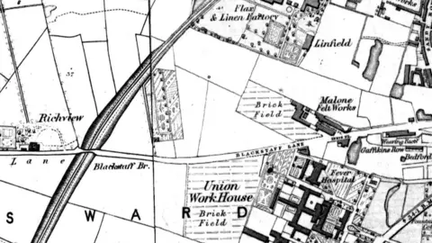 Crown Copyright & Database Right 2025 – Spatial NI – A Service provided by Ordnance Survey of Northern Ireland An old map showing the burial areas