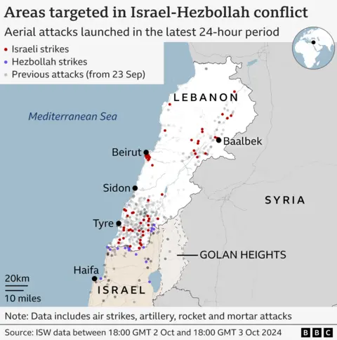 イスラエル - ヘズボラ紛争の標的地域を示す地図。