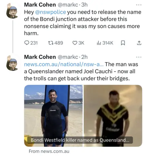 X Post on X by Mark Cohen reading: "Hey @nswpolice you need to release the name of the Bondi junction attacker before this nonsense claiming it was my son causes more harm."