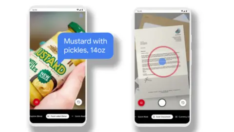 Google An illustration shows a phone screen with a jar of mustard, left, and a document, right, with a speech bubble coming off the mustard jar to illustrate the app's ability to identify it. The speech bubble reads: "Mustard with pickles, 14oz"