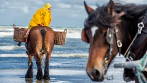 A fisherman with a yellow coat sits on his horse.