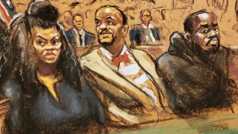 Reuters Courtroom sketch shows Tova Noel sitting beside lawyer Montell Figgins and co-defendant Michael Thomas on 19 November 2019