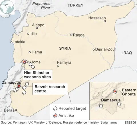 Map showing where strikes hit in Syria