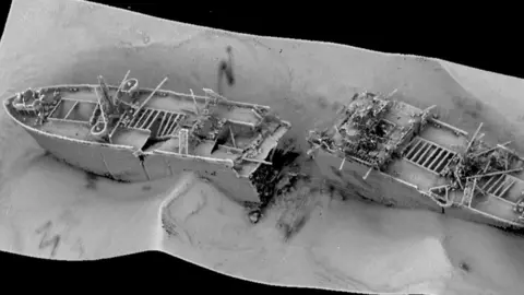 Maritime & Coastguard Agency A type of radar image of the SS Richard Montgomery shipwreck, split in two