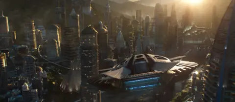 Marvel Studios A spaceship flying over Wakanda