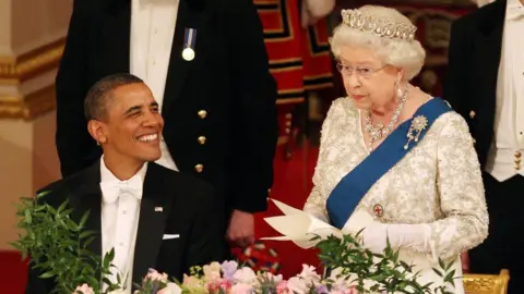 PA Queen Elizabeth II and US President Barack Obama during a State Banquet in Buckingham Palace on 24 May 2011