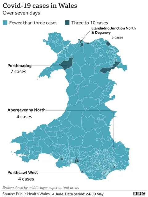 A graphic showing Covid cases across Wales