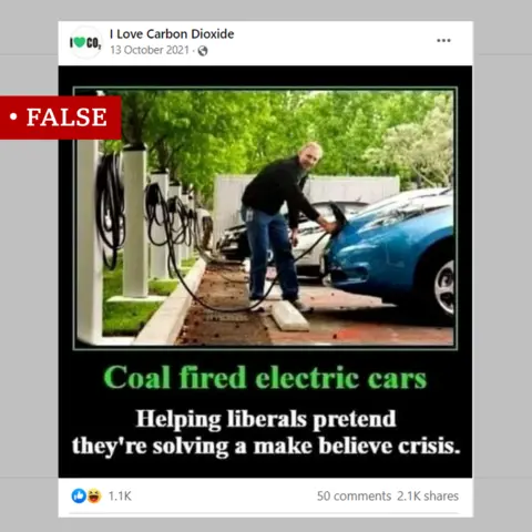 facebook False picture implying that electric cars are being powered by coal