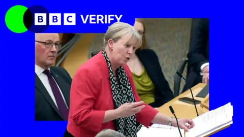 Finance Secretary Shona Robison stands in the Holyrood chamber wearing a red blouse and black and white scarf