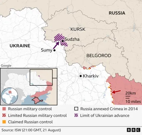 Bản đồ cho thấy cuộc tấn công của Ukraine bên trong nước Nga, qua biên giới Sumy và các khu vực Kursk và Belgorod đã ban bố tình trạng khẩn cấp.