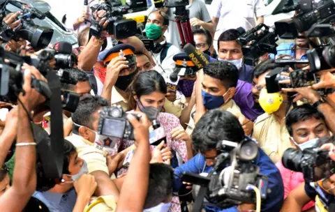 Getty Images Rhea Chakraborty reached NCB office from her residence at Juhu Tara road, on September 6, 2020 in Mumbai, India.