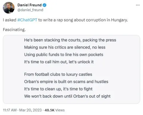 Daniel Freund/Twitter Tweet from Daniel Freund with rap about Viktor Orban reading "He's been stacking the courts, packing the press; Making sure his critics are silenced, no less; Using publi funds to line his own pockets; It's time to call him out, let's unlock it; From football clubs to luxury castles; Orban's empire is built on scams and hustles; It's time to clean up, it's time to fight; We won't back down until Orban's out of sight"