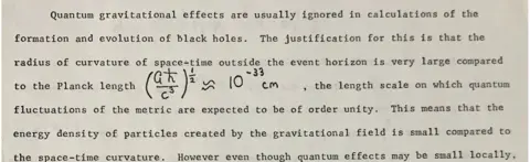 Cambridge University Library A section from Prof Hawking's breakthrough paper which suggested that black holes were not completely black