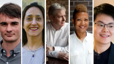 Costa Book Awards (L-R) Jack Fairweather, Jasbinder Bilan, Jonathan Coe, Sara Collins and Mary Jean Chan