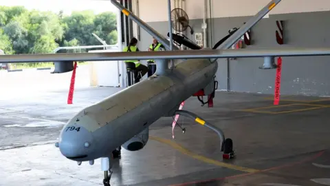 AFP An Elbit Hermes 450 unmanned aerial vehicle (UAV) built by Elbit Systems, at Israel's Palmachim Air Force Base (5 July 2023)