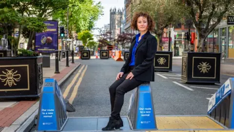 Manchester City Council Councillor Angeliki Stogia and the new look Deansgate