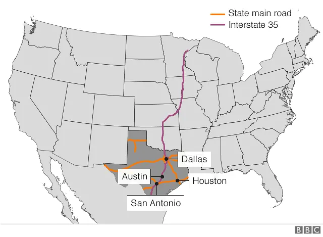 Map of USA and Interstate 35