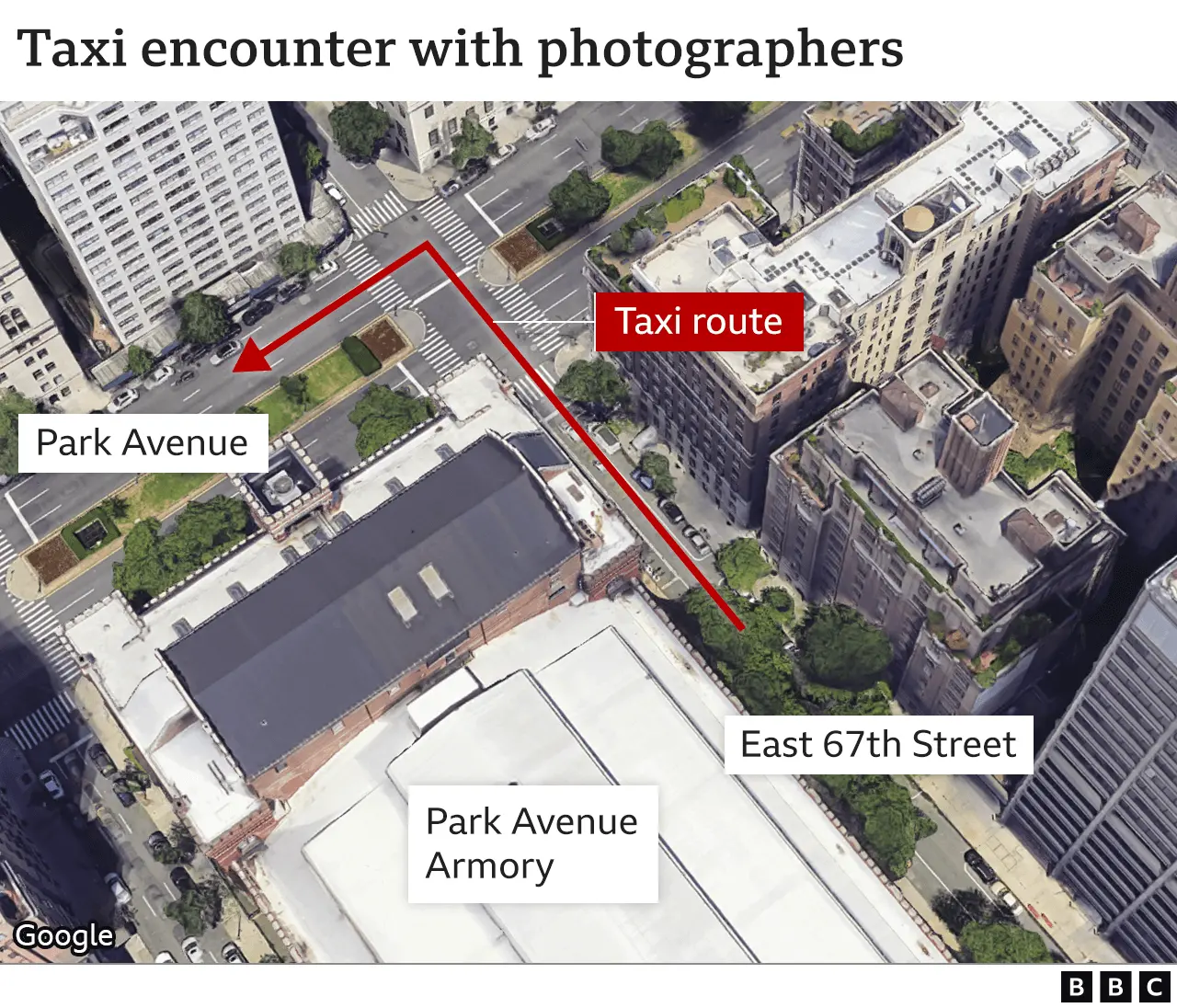 3D map image showing the street where Harry and Meghan's tax encounter with the photographers happened