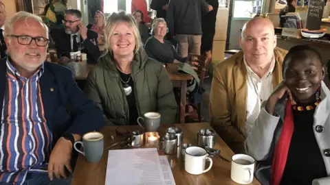 (Left to right) Tony Francis, Julie Cook, Crispin Burdett and Faida Burdett at the Alma pub in Harwich